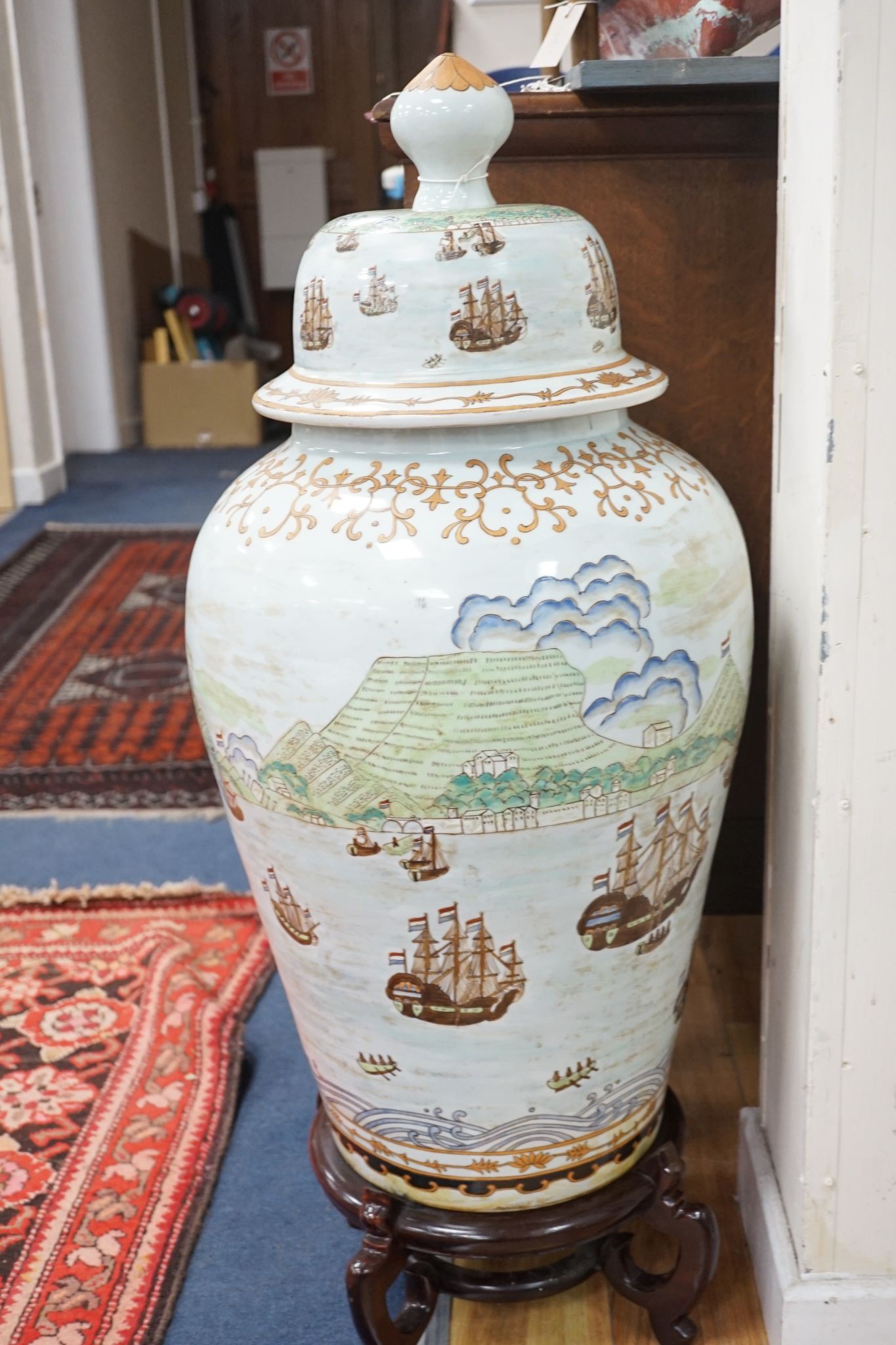 A large Chinese enamelled porcelain vase and cover on stand 100cm